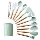 Kitchen Silicone Cooking Tools Wooden Handle Turner Kitchenware Set 12pcs - honeylives