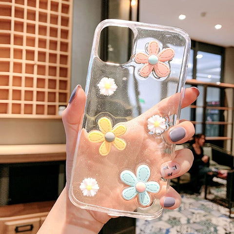 3D Cute Flower Glitter Transparent Phone Case For iPhone