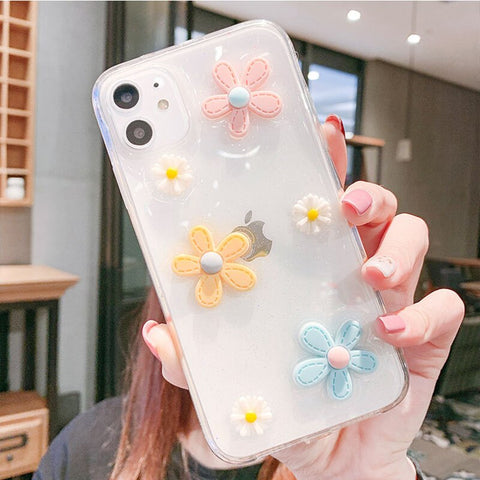3D Cute Flower Glitter Transparent Phone Case For iPhone