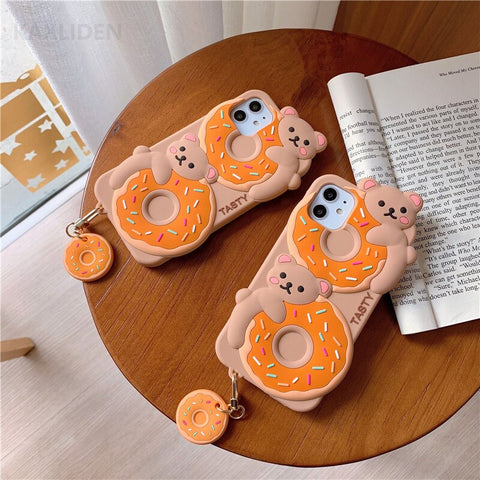 Cute 3D Stereo Bear Donut Pendant Case Silicone Cover Phone