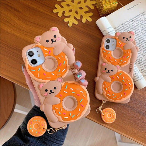 Cute 3D Stereo Bear Donut Pendant Case Silicone Cover Phone