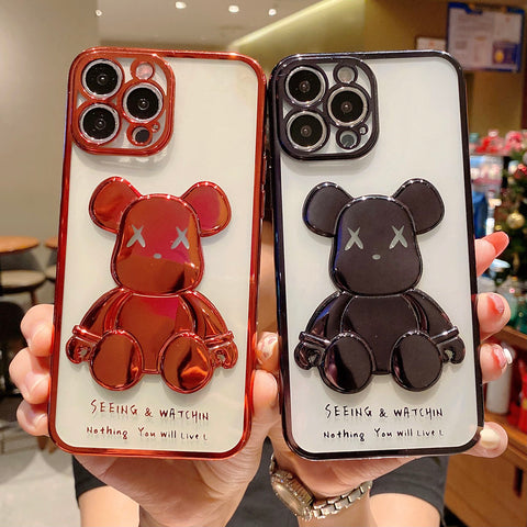 Cute Bear Plating Phone Case for iPhone Transparent Silicone Lens Protection Cover