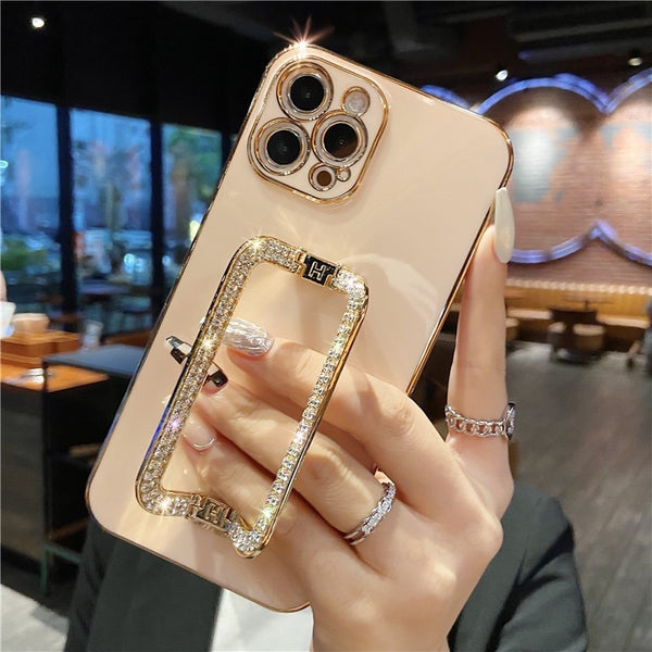 Korea 3D Crystal Square Holder Gold Plating Phone Case for Iphone