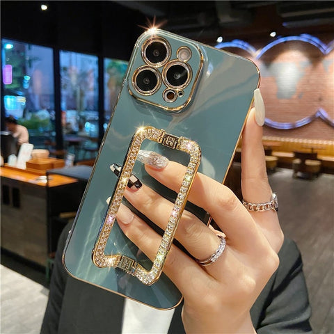 Korea 3D Crystal Square Holder Gold Plating Phone Case for Iphone