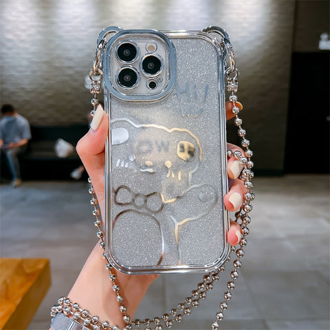 Luxury Glitter Plating Bear Case for iPhone Chain Lanyard Strap Cover