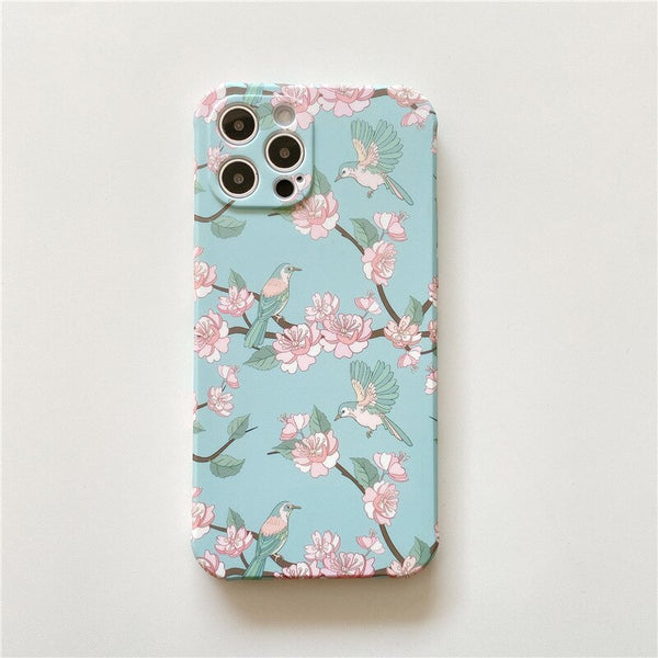 Retro sakura bird kawaii illustration Phone Case For iPhone