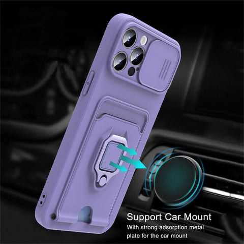Slide Lens Protection Card Bag Phone Case for IPhone Magnetic Ring Holder Soft Cover