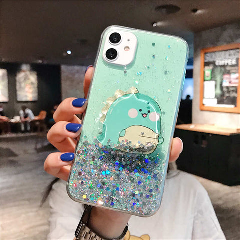 Sparkle Glitter Cartoon Bear Case  Cute Dinosaur Stand  Cover Phone