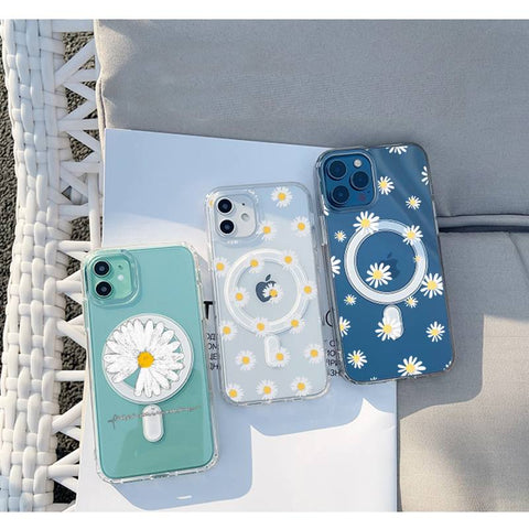 Summer Daisy Flowers Phone Case Transparent Magsafe Magnetic Magnet for IPhone