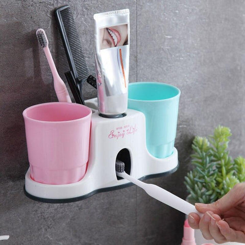Bathroom Storage Toothbrush Holders Automatic Toothpaste with 2 Gargle Cups