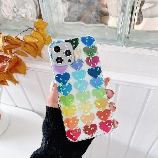 Colorful Hearts with Hearts Glitter iPhone Case