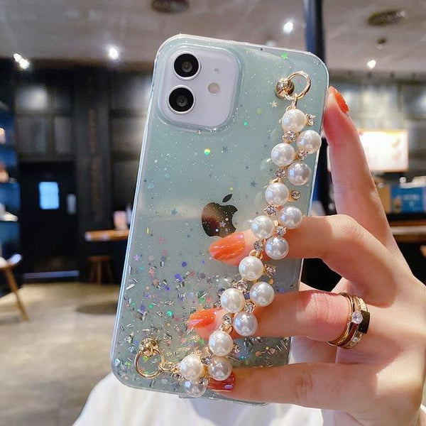 Glitter iPhone Case with Pearl Chain